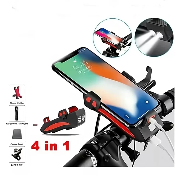 Luz Delantera para Bicicleta con Porta Celular Ajustable 4 en 1/Luces delanteras para bicicleta/Luz delantera con pito/Power Bank